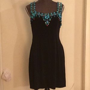 EXQUISITE HAND-BEADED TURQUOISE/CORAL BLACK DRESS